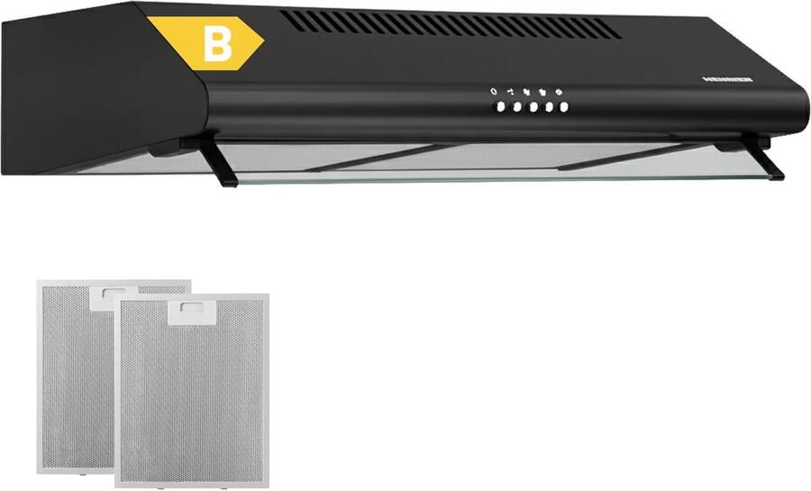 Heinner CH-400-BK Onderbouw Afzuigkap 60 cm – 326.4 m³ u – 3 Standen – 2x 60 W Motor – 1x 2 W LED-Verlichting – 2 Aluminium Vetfilters – 5 Jaar Garantie – Zwart