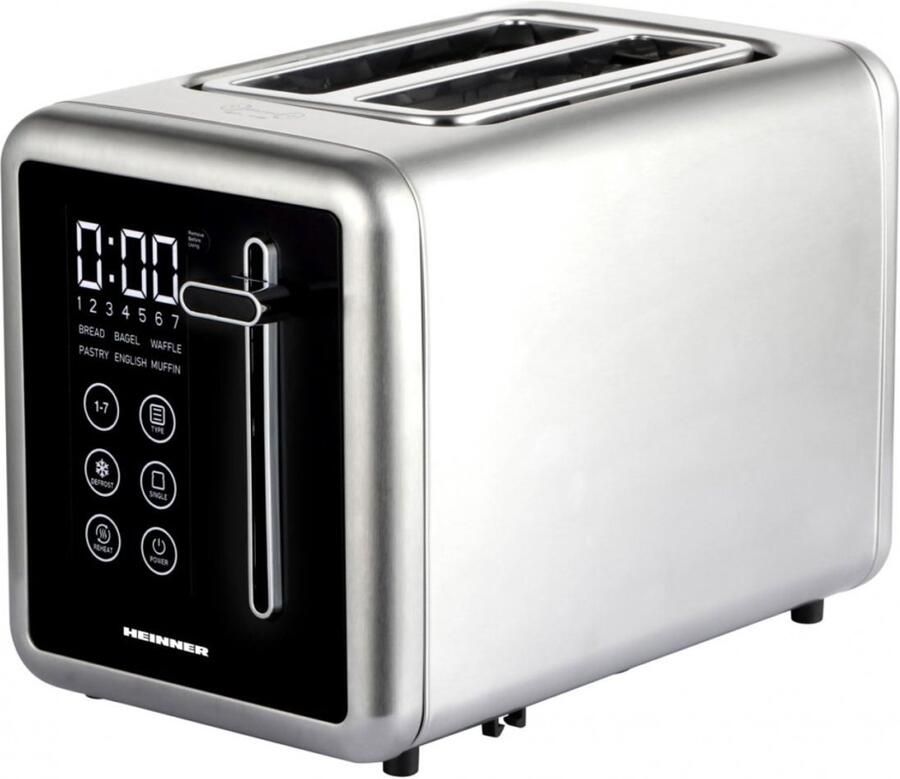 Heinner Digitale Broodrooster – 720-850 W – 2 Sneetjes – Touchbediening – 7 Bruiningsstanden – Ontdooien Opwarmen en Annuleren – Uitneembare Kruimellade – RVS Zwart