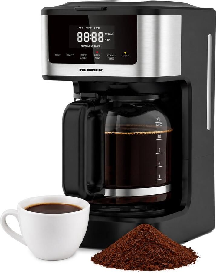 Heinner Digitale Koffiezetapparaat – 1 8 L – 900 W – 12 Koppen – Programmeerbare Timer – Touchbediening – Warm- en Koudzetfunctie – Zelfreinigend – Roestbestendig