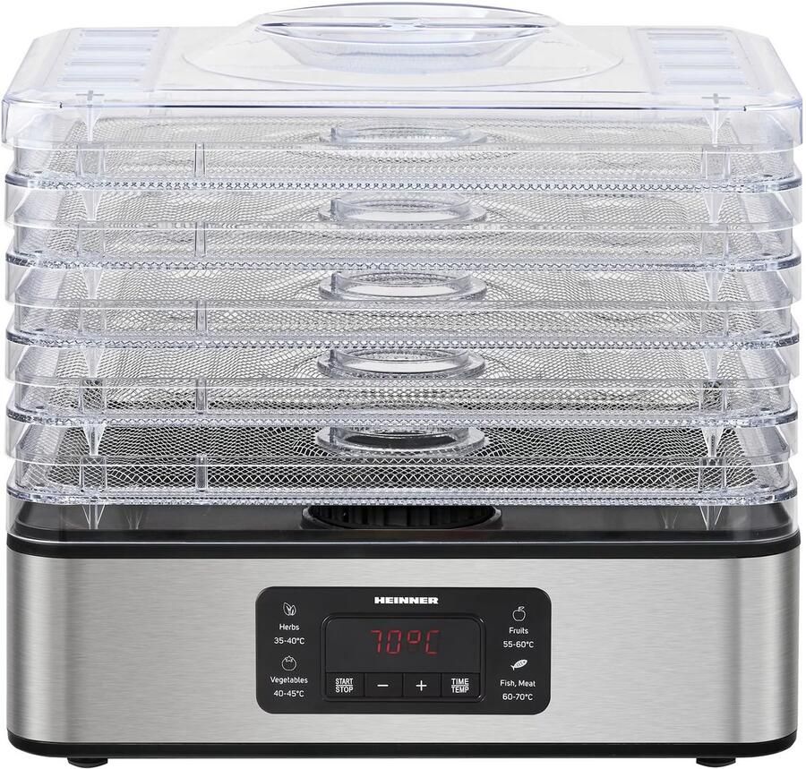 Heinner Drymaster Pro Voedseldroger Droogoven – 5 Lagen Dehydrator – LED Display – Digitale Timer & Temperatuurregeling – Voor Fruit Groente Kruiden & Vlees – Oververhittingsbeveiliging – 240W – RVS - Foto 2