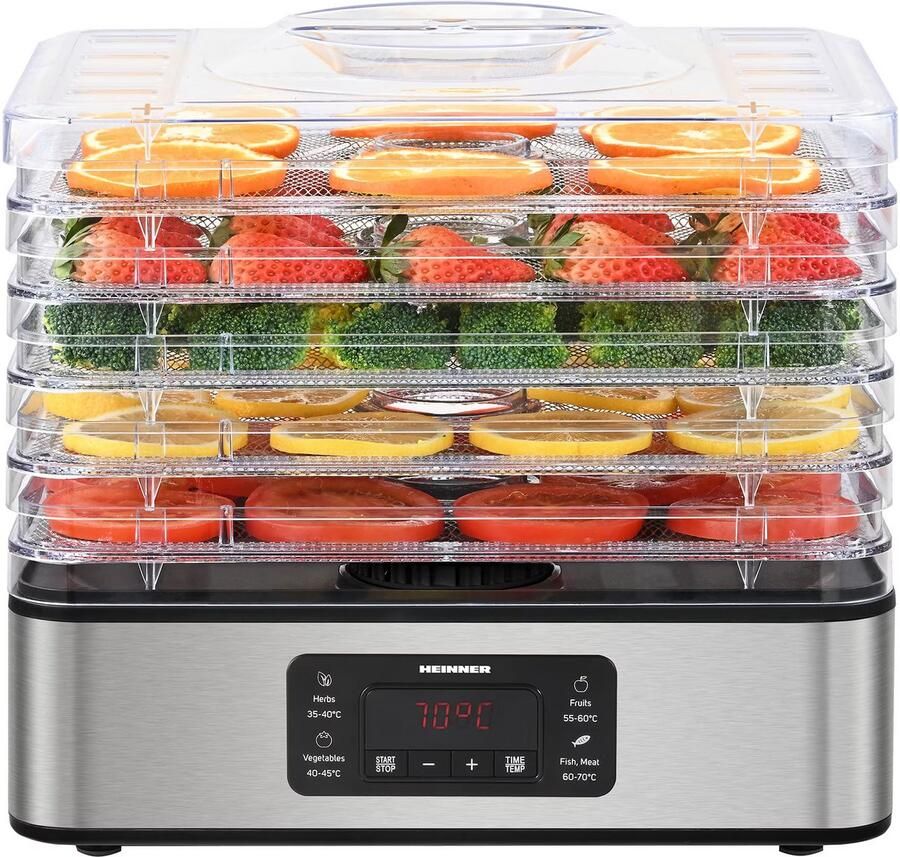 Heinner Drymaster Pro Voedseldroger Droogoven – 5 Lagen Dehydrator – LED Display – Digitale Timer & Temperatuurregeling – Voor Fruit Groente Kruiden & Vlees – Oververhittingsbeveiliging – 240W – RVS