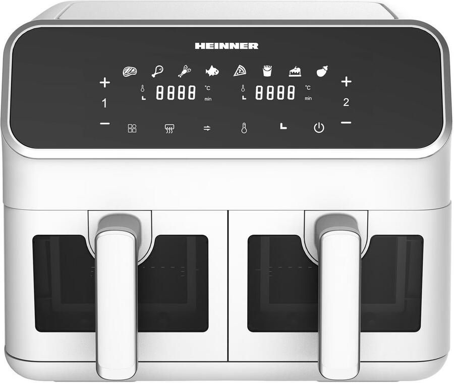 Heinner DualFry Supreme Dubbele Heteluchtfriteuse – 1700W – 8L Totale Capaciteit – Digitaal Display – Touchbediening – 8 Programma s – SYNC & MATCH – Temperatuur 80–200°C – Wit – 3 Jaar Garantie