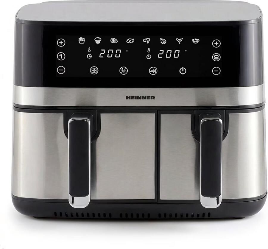Heinner Dubbele Heteluchtfriteuse – 1700W – 8 6L Totale Capaciteit – 5 3L + 3 3L Manden – Digitaal Display – Touchbediening – 8 Programma s – SYNC & MATCH – Grijs Zilver