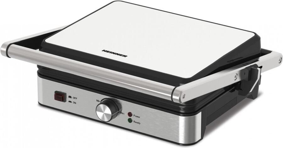 Heinner Elektrische Contactgrill – 2000 W – Grillplaten 30 × 24 9 cm – Antiaanbaklaag – 180° Openklapbaar – Verstelbare Temperatuur – Vetopvangbak – RVS Zilver