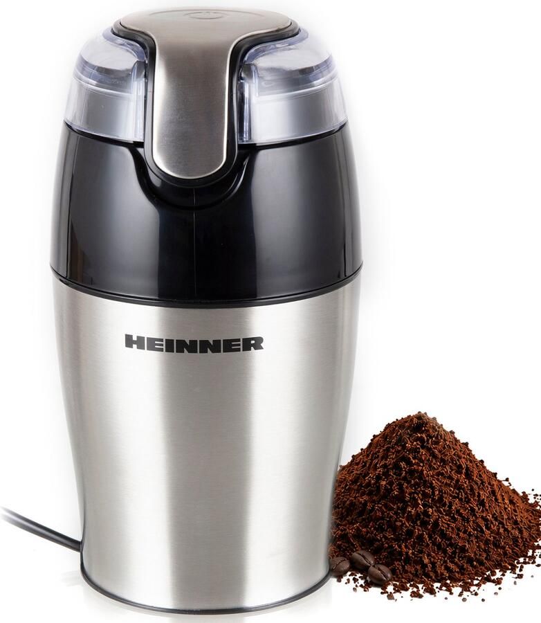 Heinner Elektrische Koffiemolen – 150 W – Capaciteit 50 g – RVS Maalmes – Pulsbediening – Transparant Vergrendeldeksel – Snoeropberging – RVS Zwart