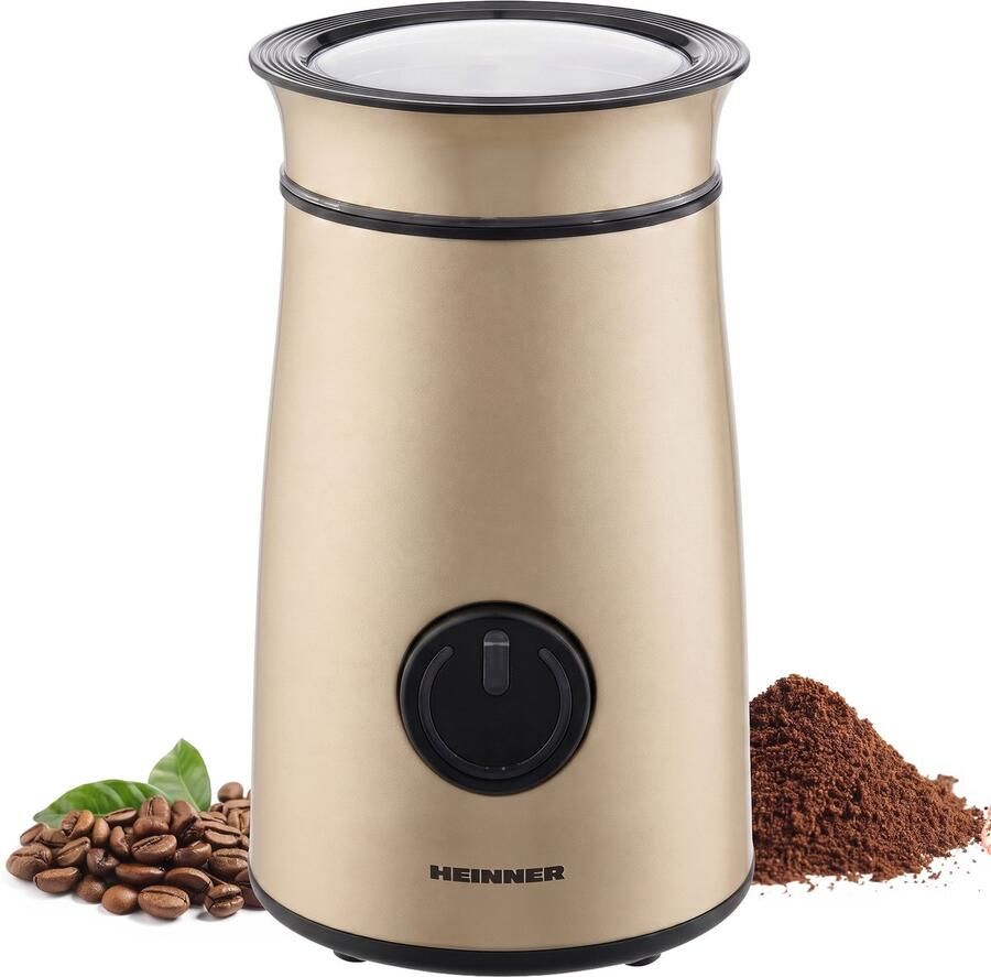 Heinner Elektrische Koffiemolen – Koffiebonenmaler 150 W – 50 g Maalcapaciteit – RVS Messen – Pulsbediening – Transparant Deksel – Kabelopslag – Compact Goudkleurig Design