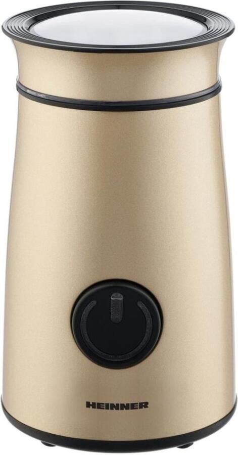 Heinner Elektrische Koffiemolen – Koffiebonenmaler 150 W – 50 g Maalcapaciteit – RVS Messen – Pulsbediening – Transparant Deksel – Kabelopslag – Compact Goudkleurig Design