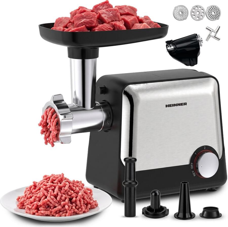 Heinner Elektrische Vleesmolen – 2100 W – Maalcapaciteit 1 8 kg min – 3 Maalschijven – 2 Snelheden en Reversefunctie – Worst- Kibbeh- en Tomatenaccessoires – RVS Zwart