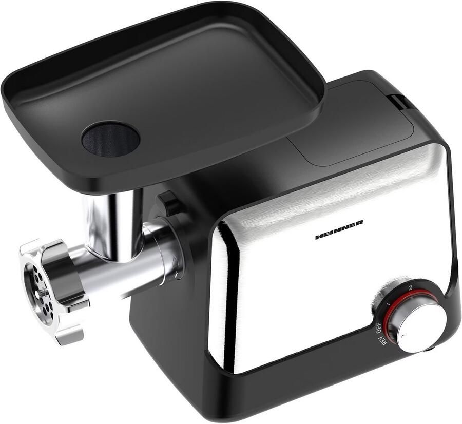 Heinner Elektrische Vleesmolen – 2100 W – Maalcapaciteit 1 8 kg min – 3 Maalschijven – 2 Snelheden en Reversefunctie – Worst- Kibbeh- en Tomatenaccessoires – RVS Zwart