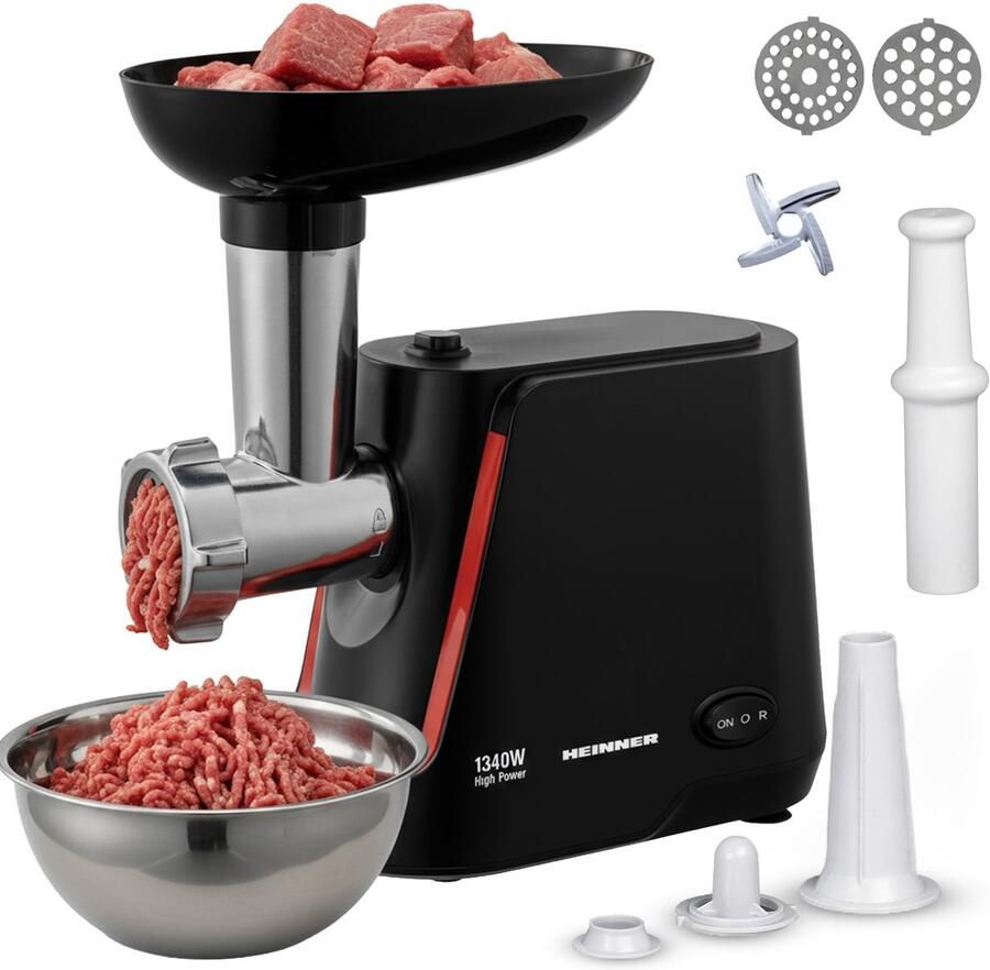 Heinner Elektrische Vleesmolen – Gehaktmolen met RVS mes – 2 snelheden + Reverse-functie – 1340 W – 1 5 kg min – Inclusief Worst & Kibbe-accessoire – Zwart