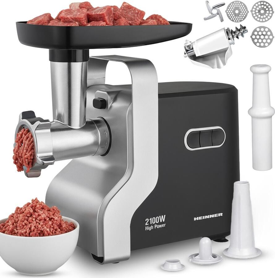 Heinner Elektrische Vleesmolen – Gehaktmolen met RVS mes – 2 snelheden + Reverse-functie – 2100 W – 1 8 kg min – Inclusief Worst Kibbe en Tomatenaccessoire – Zwart Zilver