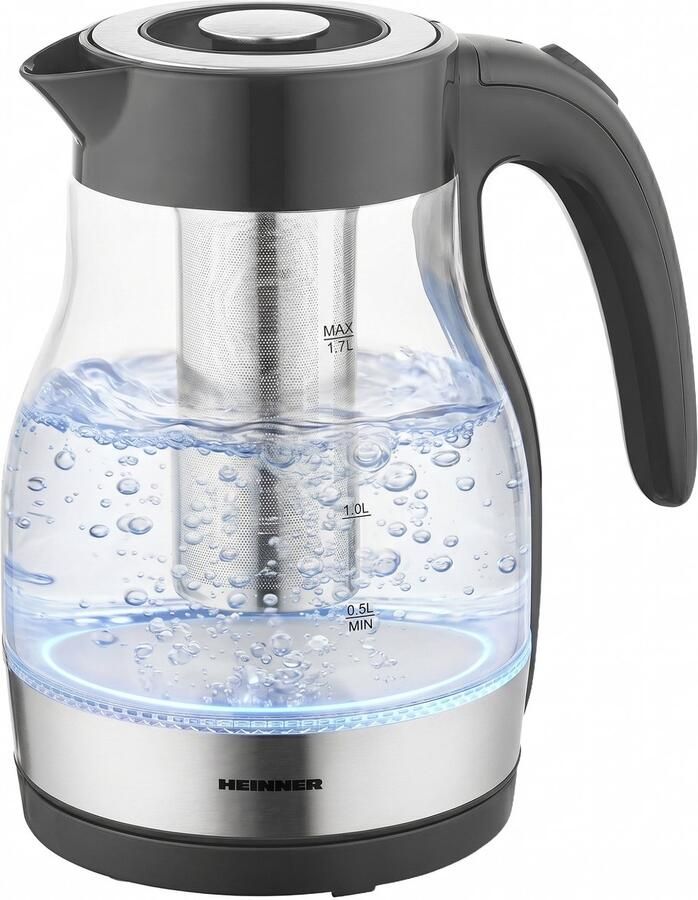 Heinner Elektrische Waterkoker – 1 7 L – 2200 W – Glazen Behuizing – Automatische Uitschakeling & Kookdroogbeveiliging – Zwart – Uitneembaar Theefilter