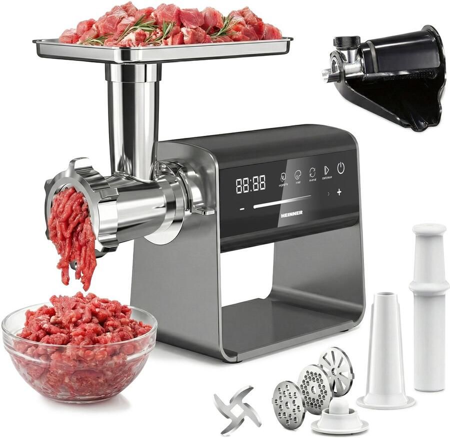 Heinner ExquisiteForce Vleesmolen 2500 W – DC-motor – Variabele Snelheid – Touchbediening – Planetair Tandwielsysteem – 2 5 kg min – Reversefunctie – Roestvrij Staal