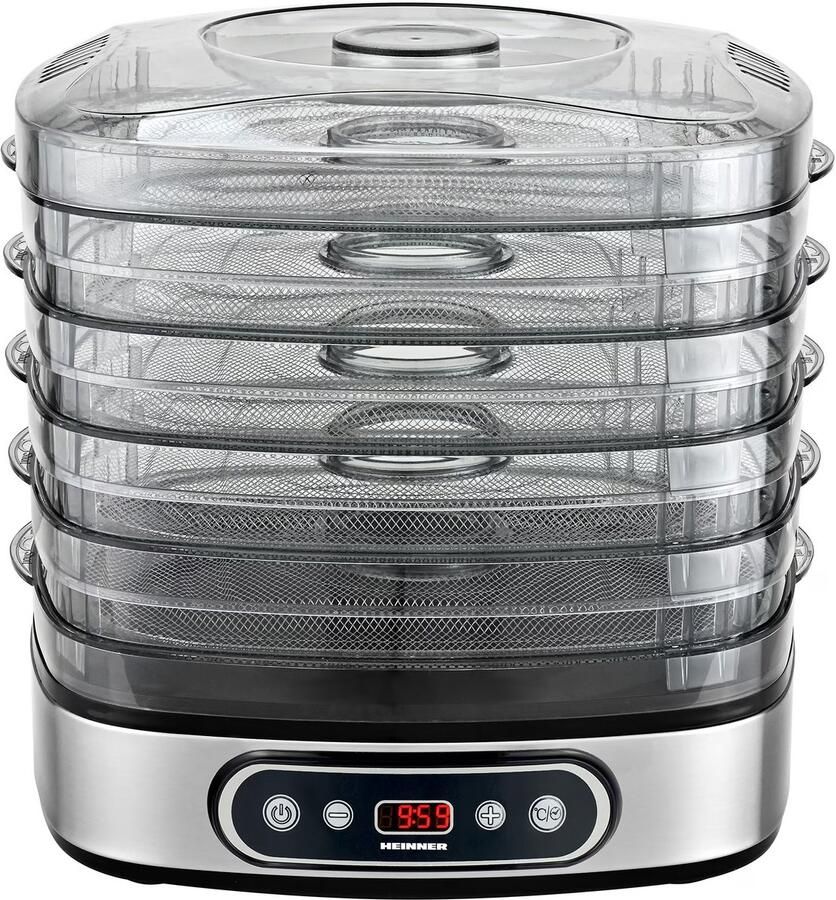 Heinner FreshDehydrate Voedseldroger Droogoven Dehydrator – Voor Fruit Groente Kruiden & Vlees – 5 Lagen met Verstelbare Hoogte – LED-display – Digitale Timer – Temperatuurregeling 35–70°C – BPA-vrij – 380W – Zwart RVS