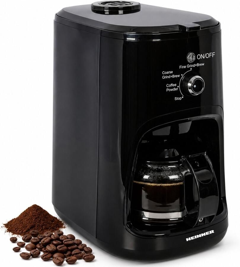 Heinner Grind Control Koffiezetapparaat met Koffiemolen – 900 W – 0 6 L – Maalcapaciteit 36 g – Instelbare Maalgraad Fijn Grof – Uitneembare & Wasbare Filter – Zwart
