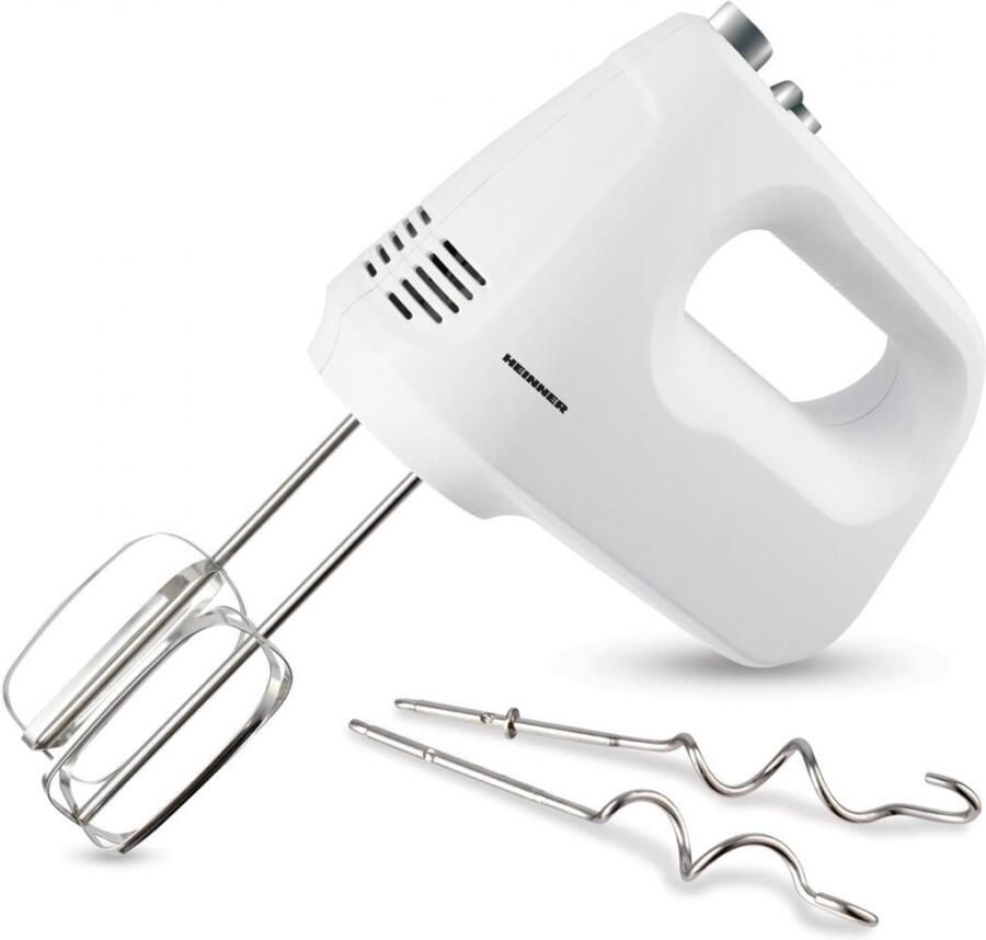 Heinner Handmixer – 250 W – 6 Snelheden + Turbo – RVS Kloppers & Deeghaken – Uitwerpknop – Wit