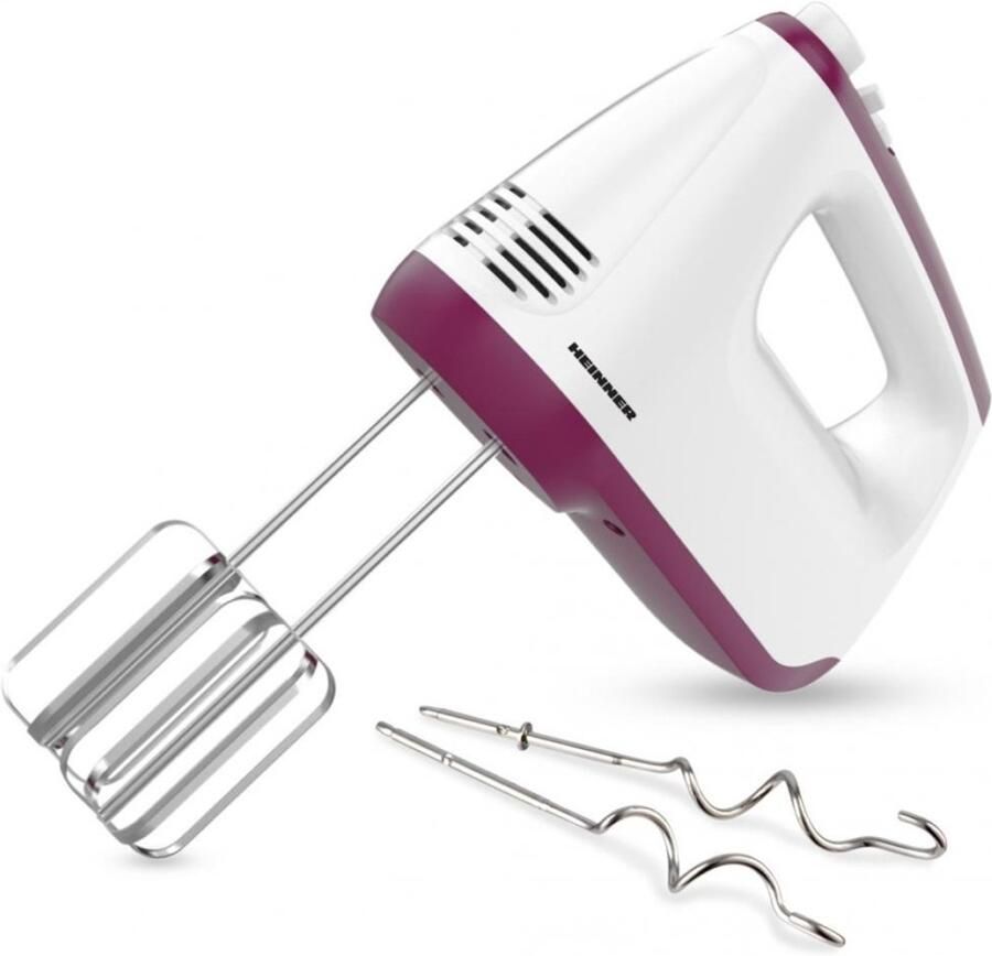 Heinner Handmixer – 400 W – 6 Snelheden + Turbo – 2 RVS Kloppers & 2 Deeghaken – Uitwerpknop – Zelfstaand Ontwerp – Wit Bordeauxrood