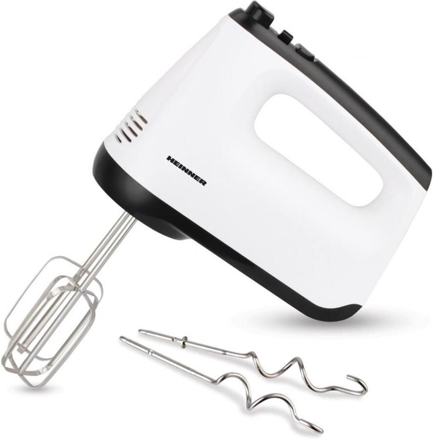 Heinner Handmixer – 400 W – 6 Snelheden + Turbo – 2 RVS Kloppers & 2 RVS Deeghaken – Uitwerpknop – Zelfstaand Ontwerp – Wit Zwart