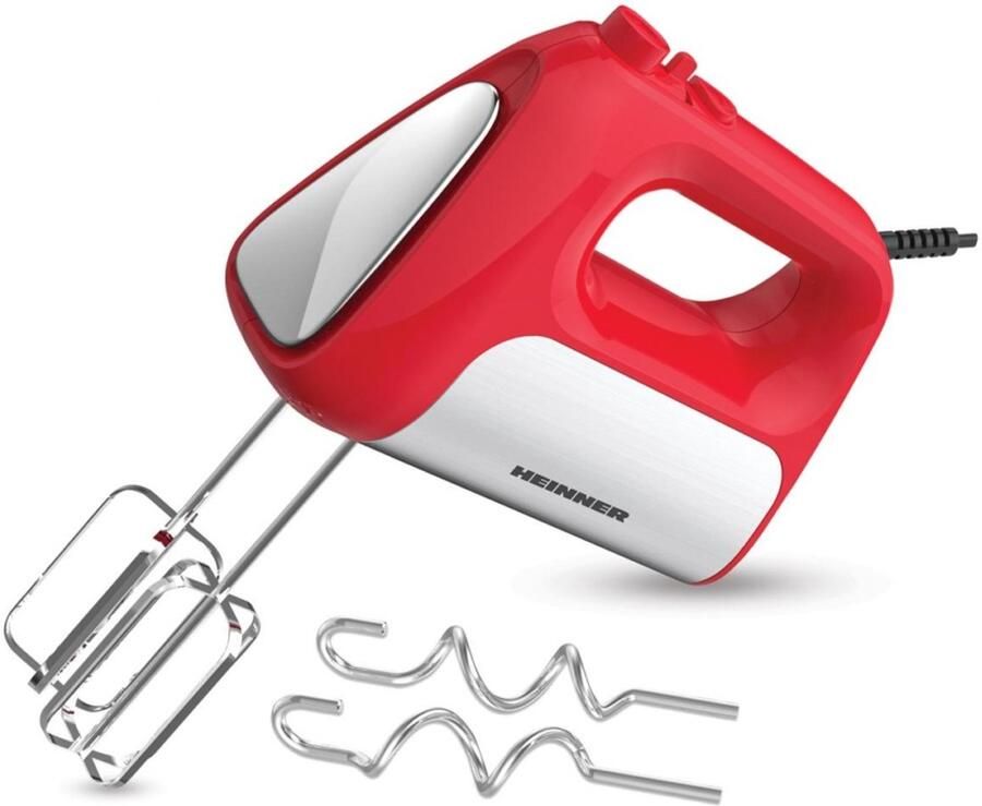 Heinner Handmixer – 500 W – 5 Snelheden + Turbo – RVS Kloppers & Deeghaken – Uitwerpknop – Rood met RVS-decoratie