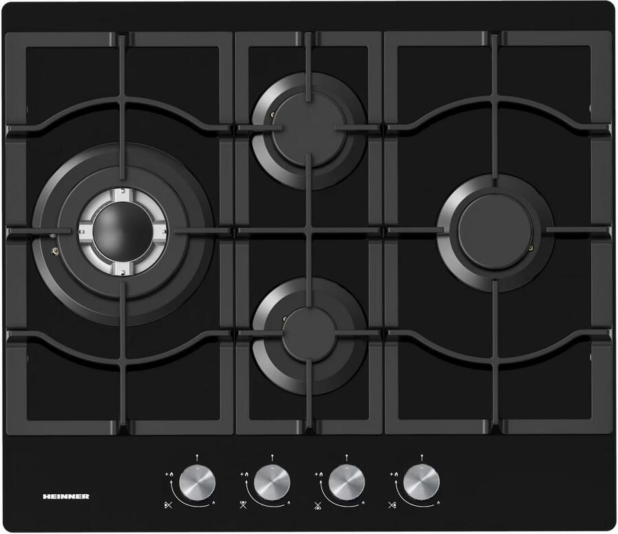 Heinner HBH-M452IWFGBK Inbouw Gaskookplaat 60 cm – 4 Branders – Wok – Gietijzeren – Elektronische Ontsteking – Veiligheidsbeveiliging – Zwart Glas – 5 Jaar Garantie