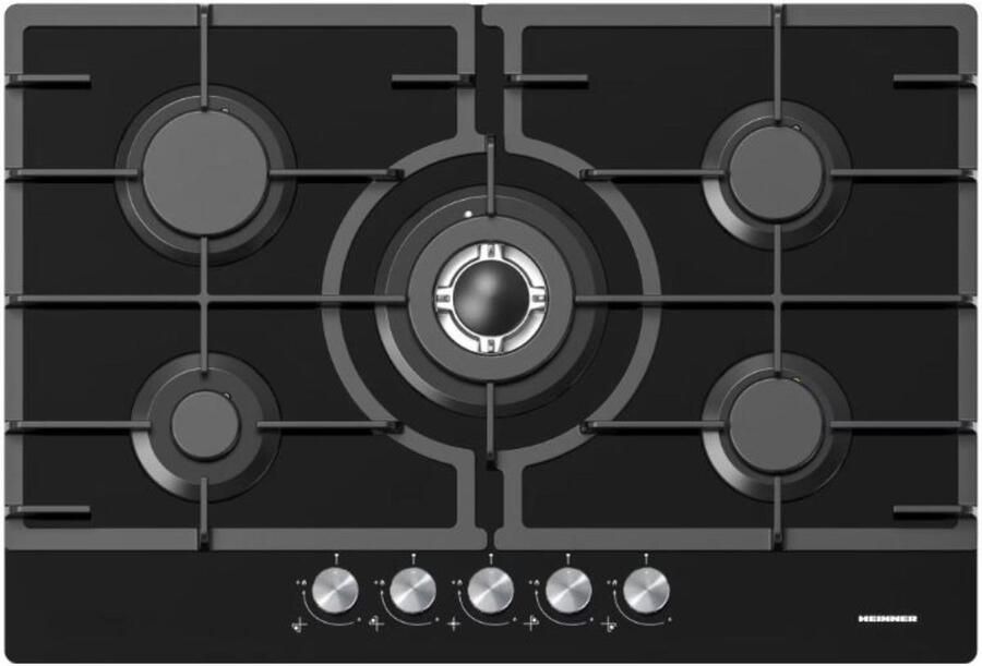 Heinner Inbouw Gaskookplaat – 5 Gasbranders inclusief Wokbrander – Elektrische Ontsteking – Vlambeveiliging – Aardgas LPG – 75 cm – Zwart Glas