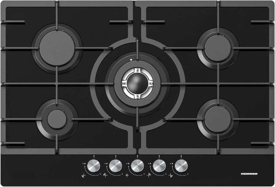 Heinner HBH-M705IWFGBK Inbouw Gaskookplaat 75 cm – 5 Branders – Wok – Elektrische Ontsteking – Gietijzeren – Veiligheidsbeveiliging – Zwart Glas – 5 Jaar Garantie