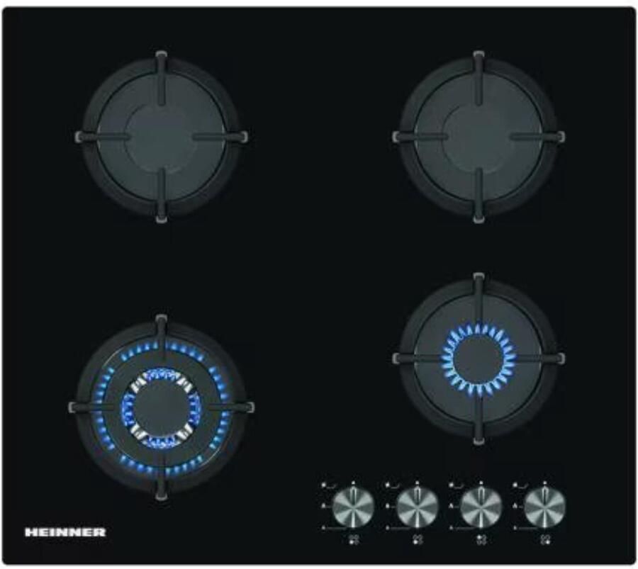 Heinner HBH-S584WI-GBK Inbouw Gasfornuis 4 Branders met Wokbrander – Elektrische Ontsteking – Gietijzeren Roosters – Vlambeveiliging en Automatische Uitschakeling – Zwart Glas