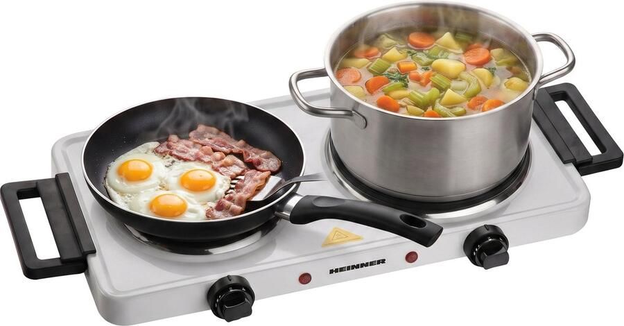 Heinner HDHP-KH2500WH Dubbele Elektrische Kookplaat – 2500W – 2 Gietijzeren Kookplaten – Ø18 5 cm + Ø15 5 cm – Instelbare Thermostaten – Oververhittingsbeveiliging – Antislipvoetjes – Wit – 3 Jaar Garantie
