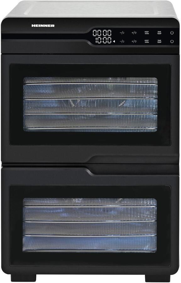 Heinner HFD-KDDB1200BKSS Voedseldroger – 1000–1200W – 12 Inox Trays – Dubbele Compartimentering – Dual Airflow – LED-display – Touchbediening – Timer 48u – Temperatuur 35–80°C – Zwart Inox