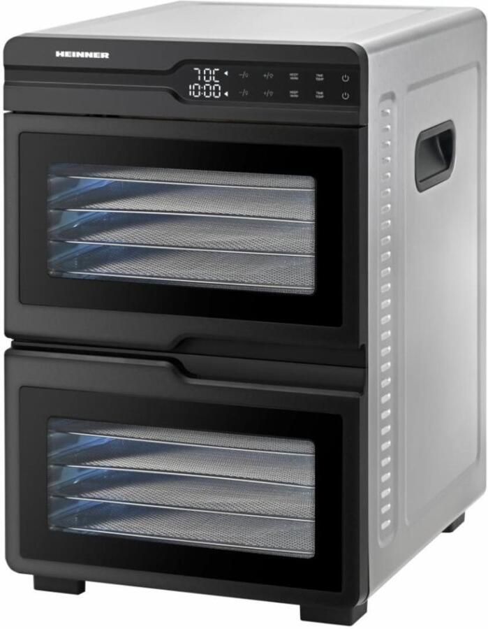 Heinner HFD-KDDB1200BKSS Voedseldroger – 1000–1200W – 12 Inox Trays – Dubbele Compartimentering – Dual Airflow – LED-display – Touchbediening – Timer 48u – Temperatuur 35–80°C – Zwart Inox