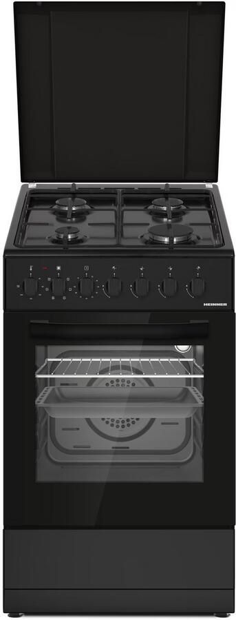 Heinner HFSC-S60LITGC-BK Gasfornuis – 4 Gasbranders – Elektrische Ontsteking – Elektrische Oven met 6 Functies – Grill & Ventilatie – Zwart – 5 Jaar Garantie