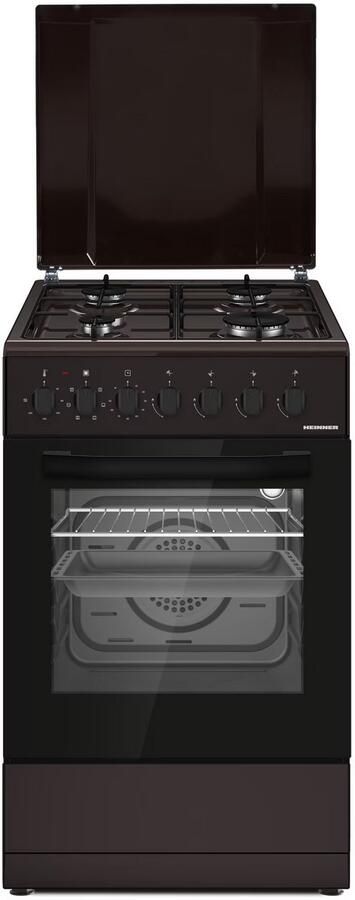 Heinner HFSC-S60LITGC-BRW Combi Fornuis – 4 Gasbranders – Elektrische Ontsteking – Elektrische Oven met 6 Functies – Grill & Ventilatie – Bruin – 5 Jaar Garantie