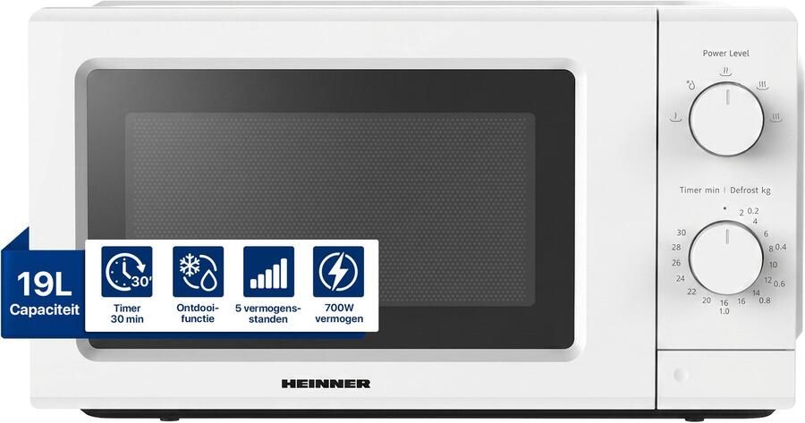 Heinner HMW-MD20IVWH Inverter Solo Magnetron Vrijstaand 19 Liter 700W met 5 Vermogensniveaus Inverter Technologie voor Gelijkmatig Verwarmen Ontdooifunctie & Timer Mechanische Bediening Wit