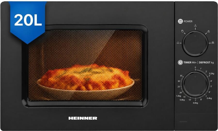 Heinner HMW-MD20MBK Solo Magnetron Vrijstaand 20 Liter 700W met 5 Vermogensstanden Ontdooifunctie & Timer 35 Min Mechanische Bediening Zwart