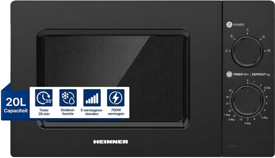 Heinner HMW-MD20MBK Solo Magnetron Vrijstaand 20 Liter 700W met 5 Vermogensstanden Ontdooifunctie & Timer 35 Min Mechanische Bediening Zwart