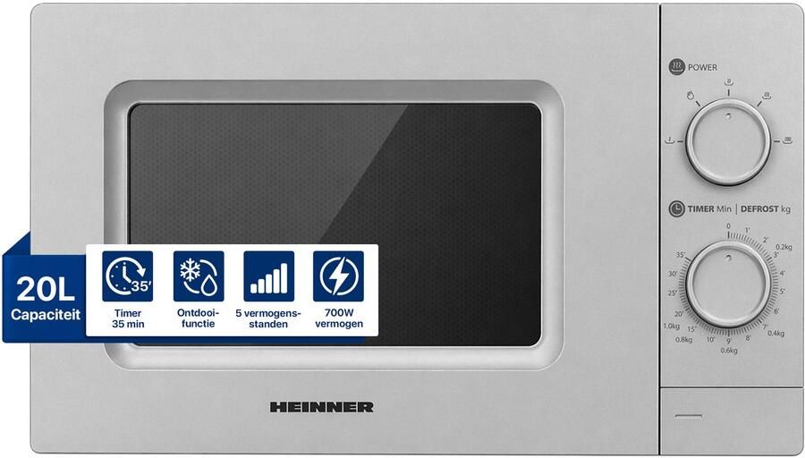 Heinner HMW-MD20MSL Solo Magnetron Vrijstaand 20 Liter 700W met 5 Vermogensstanden Ontdooifunctie & Timer 35 Min Mechanische Bediening Zilver