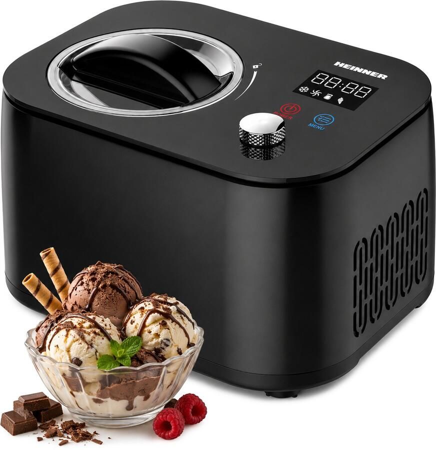 Heinner IJsmachine – 100 W – 1 L – Ingebouwde Compressor – LED-display – Touchbediening & Draaiknop – IJs- Yoghurt- Meng- & Koelfunctie – Uitneembare IJskom – Zwart