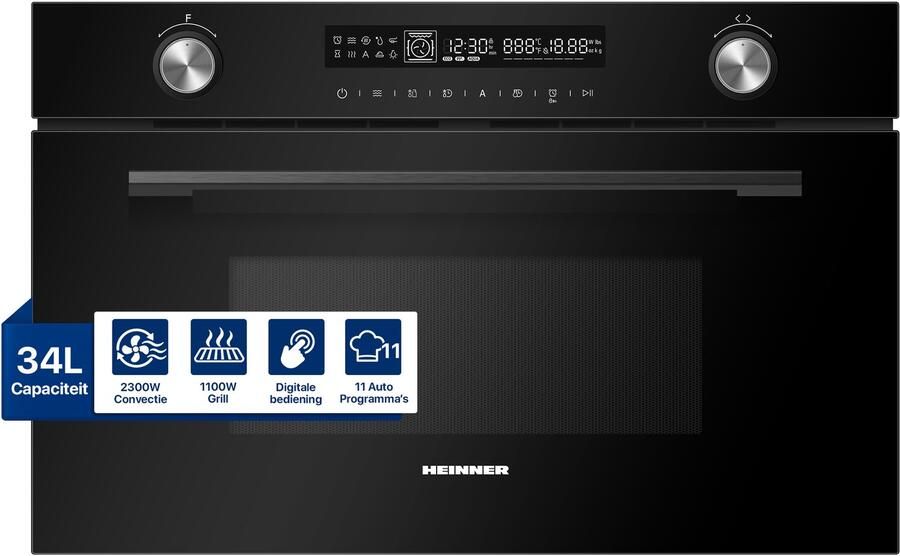 Heinner HMW-MDBI34CTBK Inbouw Magnetron – 25 L – 900 W – 1000 W Grill – 5 Vermogensniveaus – Touchbediening – Zwart – 5 Jaar Garantie