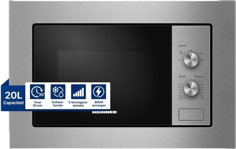 Heinner Inbouw Magnetron – 20 L – 800 W – 5 Vermogensniveaus – Ontdooifunctie – Mechanische Bediening – 35 Min Maximale Kooktijd – Zwart Zilver