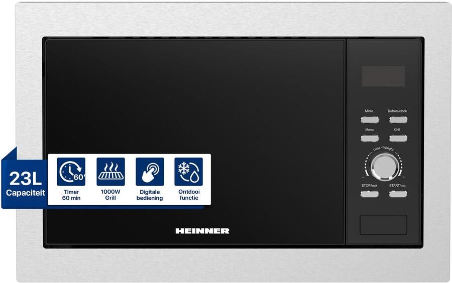 Heinner HMW-BI2360SS Inbouw Combimagnetron – 23L – 800W – 5 Vermogensstanden – LED Display – Timer – Kinderslot – 5 Jaar Garantie – Zilver Zwart
