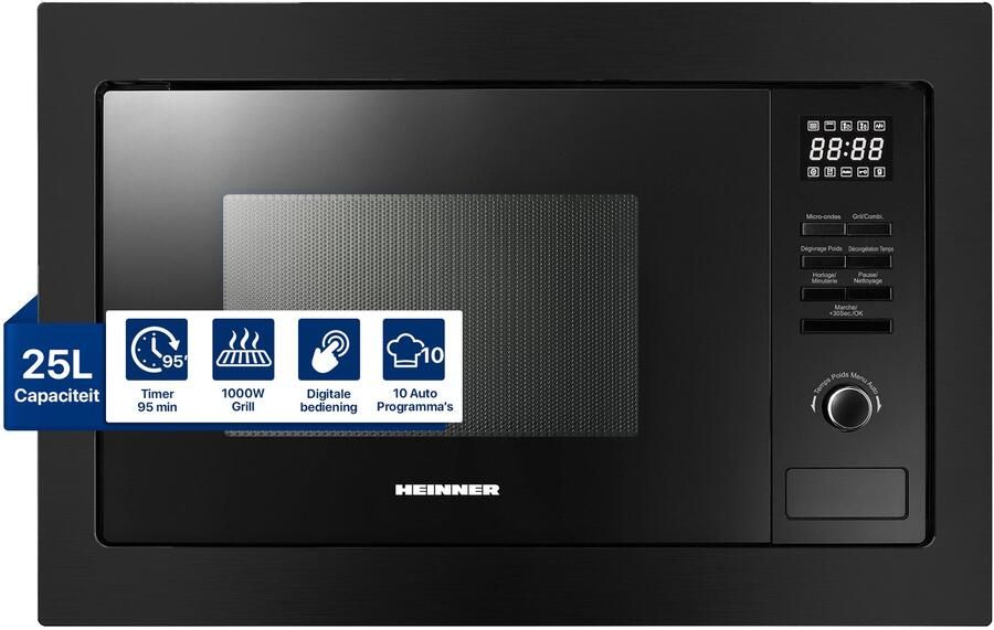 Heinner Inbouw Magnetron – 25 L – 900 W – 1000 W Grill – 5 Vermogensniveaus – Ontdooifunctie – 95 Min Maximale Kooktijd – Digitale Bediening – Zwart