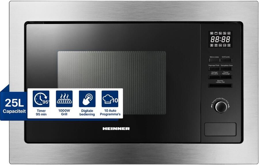 Heinner Inbouw Magnetron – 25 L – 900 W – 1000 W Grill – 5 Vermogensniveaus – Ontdooifunctie – 95 Min Maximale Kooktijd – Digitale Bediening – Zwart Zilver