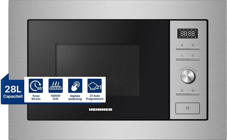 Heinner Inbouw Magnetron – 28 L – 900 W – 1000 W Grill – 5 Vermogensniveaus – Ontdooifunctie – 21 Automatische Programma s – Digitale Bediening – Zilver