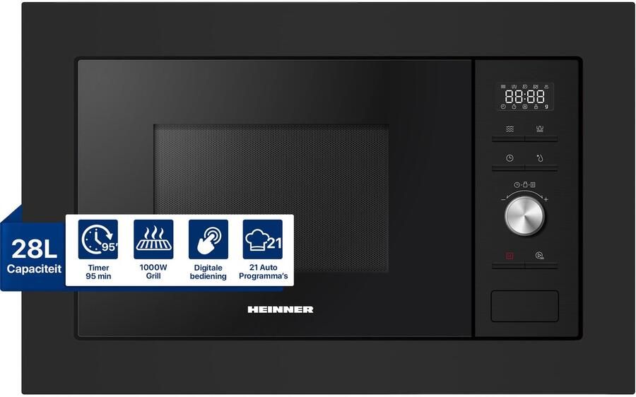 Heinner Inbouw Magnetron – 28 L – 900 W – 1000 W Grill – 5 Vermogensniveaus – Ontdooifunctie – 21 Automatische Programma s – Digitale Bediening – Zwart