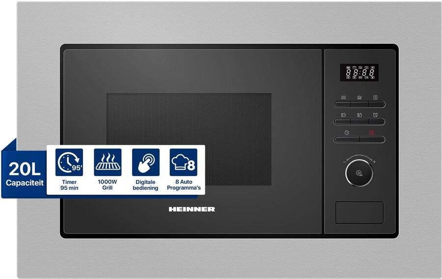 Heinner Inbouw Magnetron met Grill – 20 L – 800 W – Grill 1000 W – 5 Vermogensstanden – Digitaal LED-display – Ontdooifunctie – Snelkoken – 95 Min Timer – Kinderslot – RVS – 5 Jaar Garantie