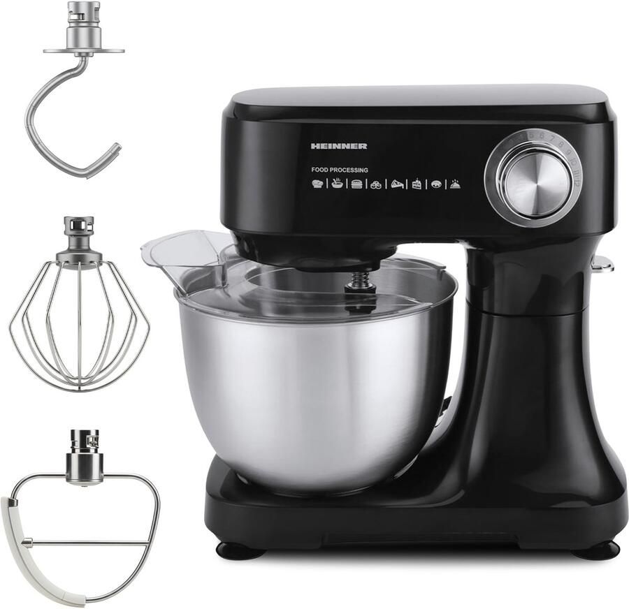 Heinner Keukenmachine 600W – 3 5L RVS Mengkom – 12 Snelheden – Pulse-functie – Planetaire Mixer – Zwart – Inclusief Klopper Kneedhaak