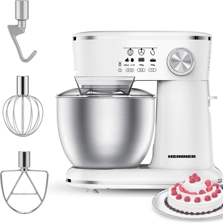 Heinner Keukenmachine Mixer – 5 L Kom – 1000 W – 12 Snelheden met Pulsfunctie – Keukenrobot inclusief RVS Garde Menghaak en Deeghaak – Wit