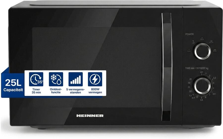 Heinner HMW-MD25MBK Magnetron met Grill 25L 900W 1000W Grill 8 Automatische kookprogramma's Digitale bediening en LED-display Zwart