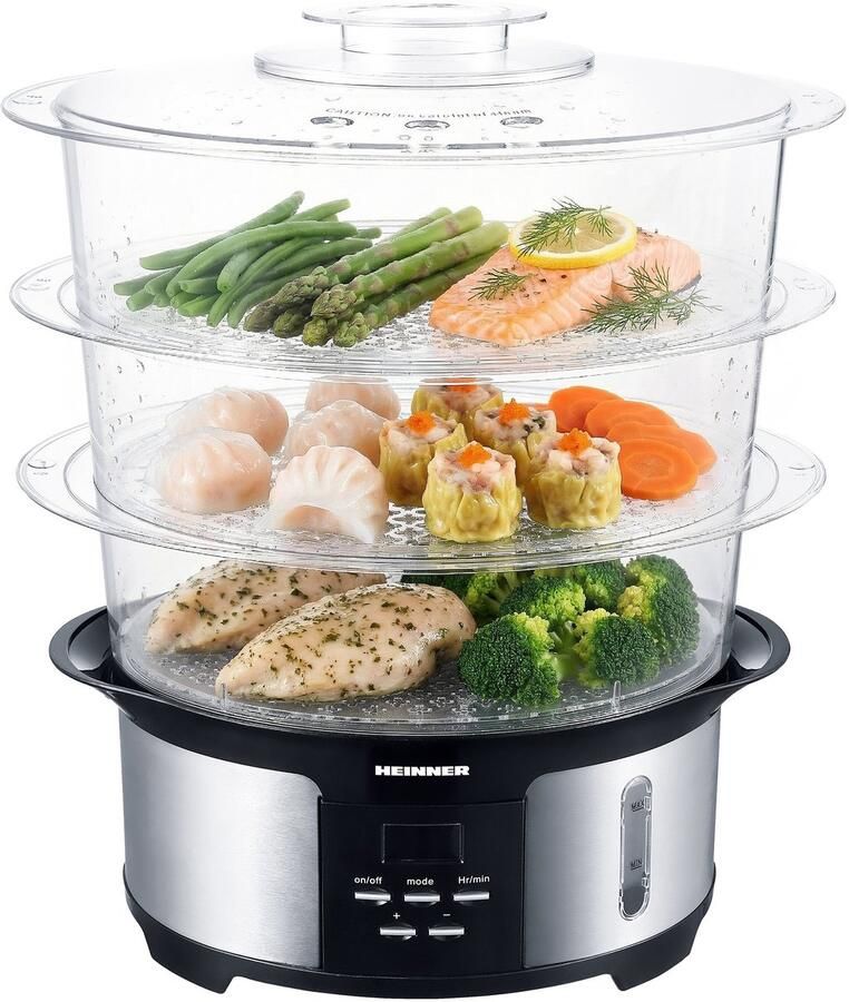 Heinner Master Collection Stoomkoker 12 L – 1000 W – 3 Stoomlagen – 1 4 L Waterreservoir – 90 min Timer – Oververhittingsbeveiliging – RVS Zwart