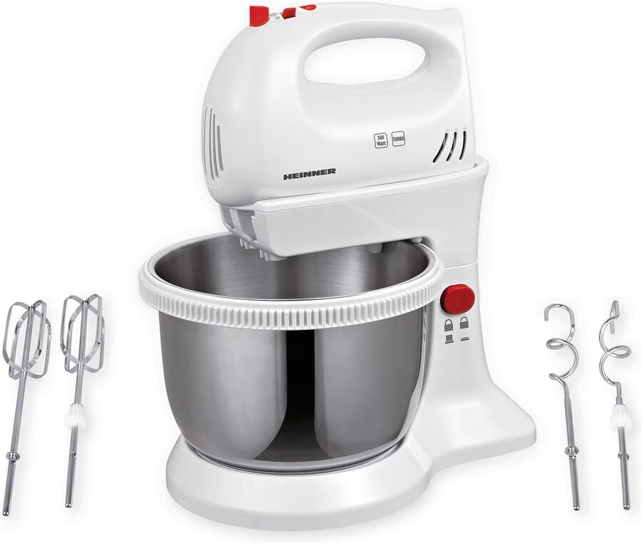 Heinner Mixer met Mengkom – Elektrische Handmixer met Standaard – 300 W – Mengkom van 3 4 L – 5 Snelheden en Turbofunctie – 2 Gardes en 2 Deeghaken – Afneembare Mixer – Wit